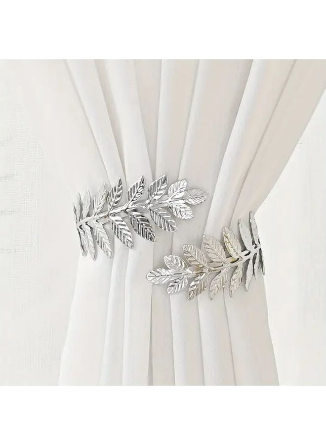 Elegant Silvery Leaf Pattern Curtain Tieback No Drill Installation Durable Aluminum Alloy - Image 2